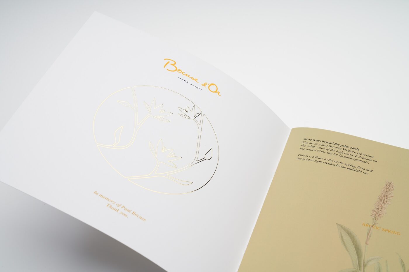 Brosjyre, meny, med gullfolie. Konsis, Bocuse d’Or, Christian André Pettersen