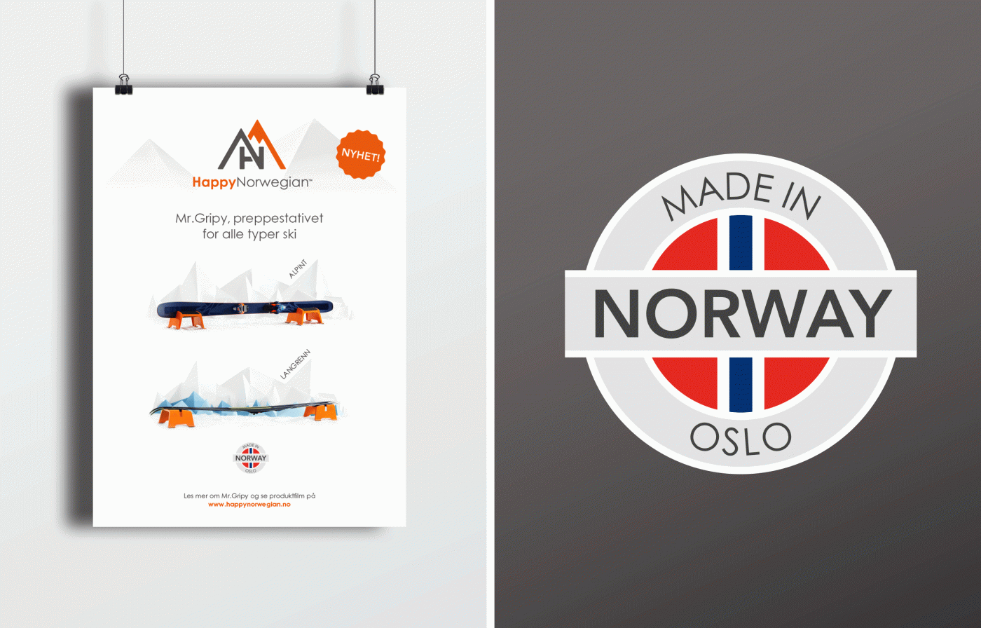 Payoff made in norway, produkt Mr.Gripy, HappyNorwegian, plakat konsis mock up