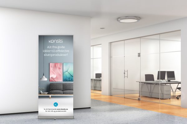 Blank roll up banner stand in modern office with clipping path around banner. 3d illustration